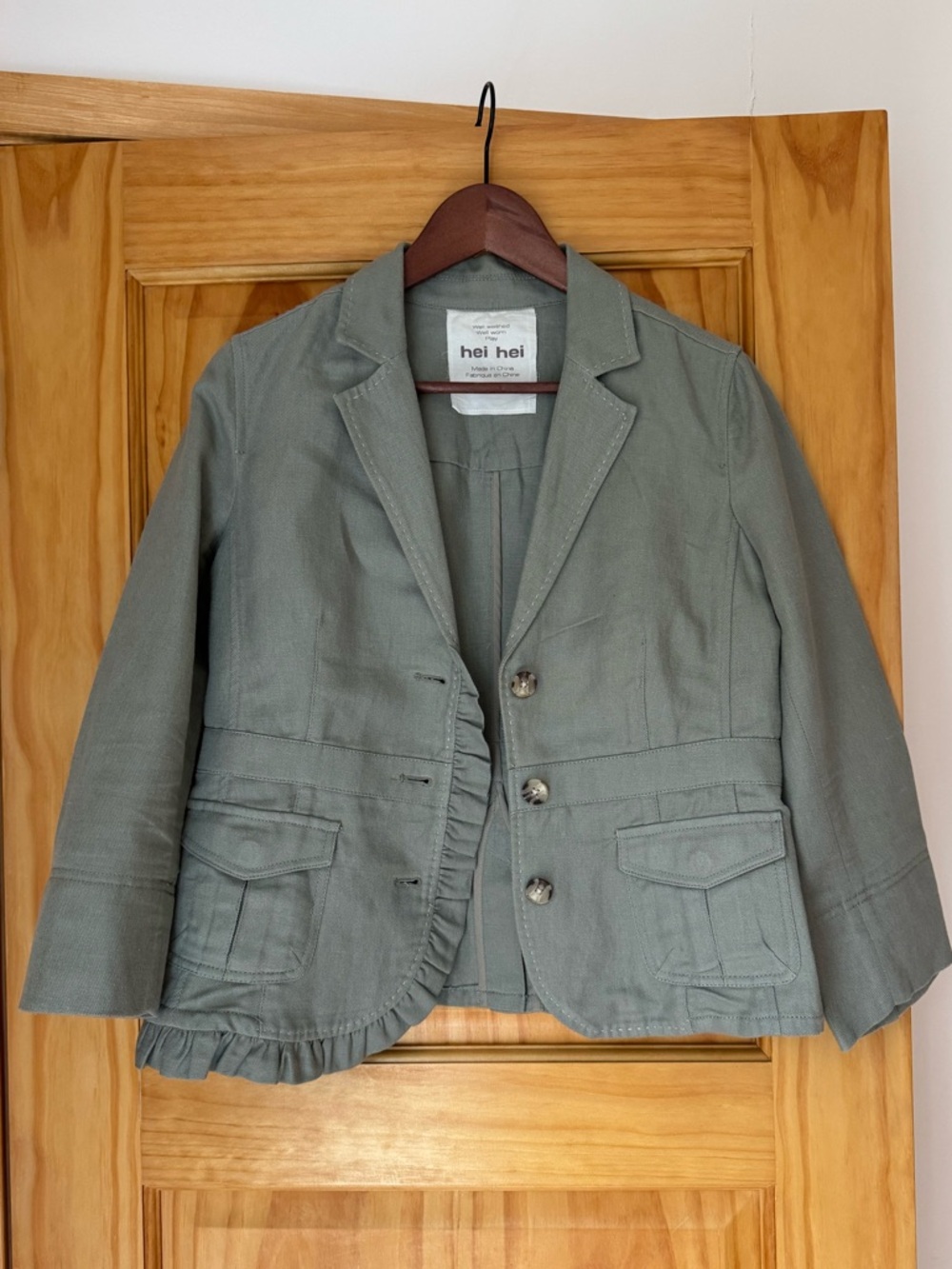Anthropologie Hei Hei olive green linen ruffle blazer